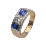 Gouden art Deco ring met diamant en saffier.