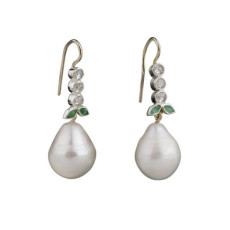 Oorbellen met parel, smaragd en diamant 